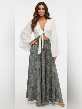 Bohemian Wide-Leg silky Paisley Palazzo Pants one size